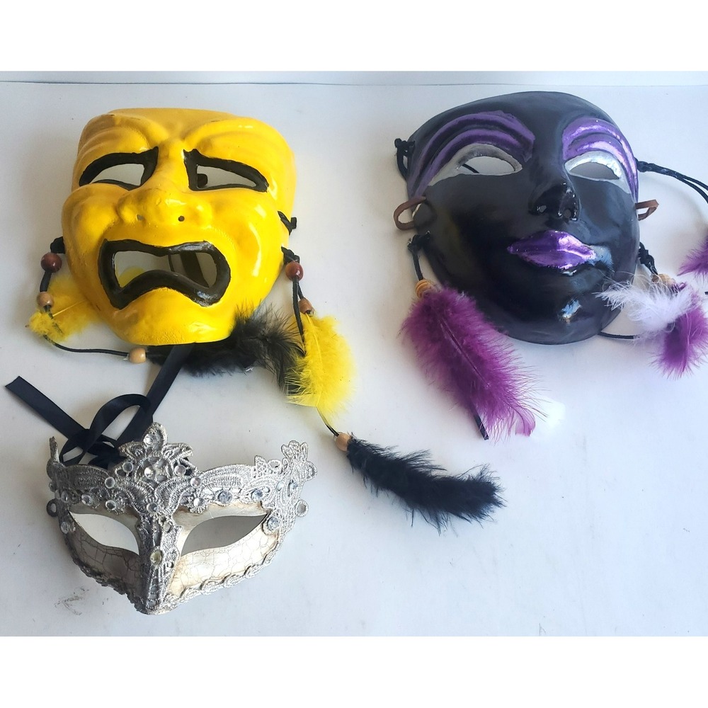 Paper Mache Masquerade Face Mask Lot Of 3 Mardi Gras Eclectic Wall Hanging Decor